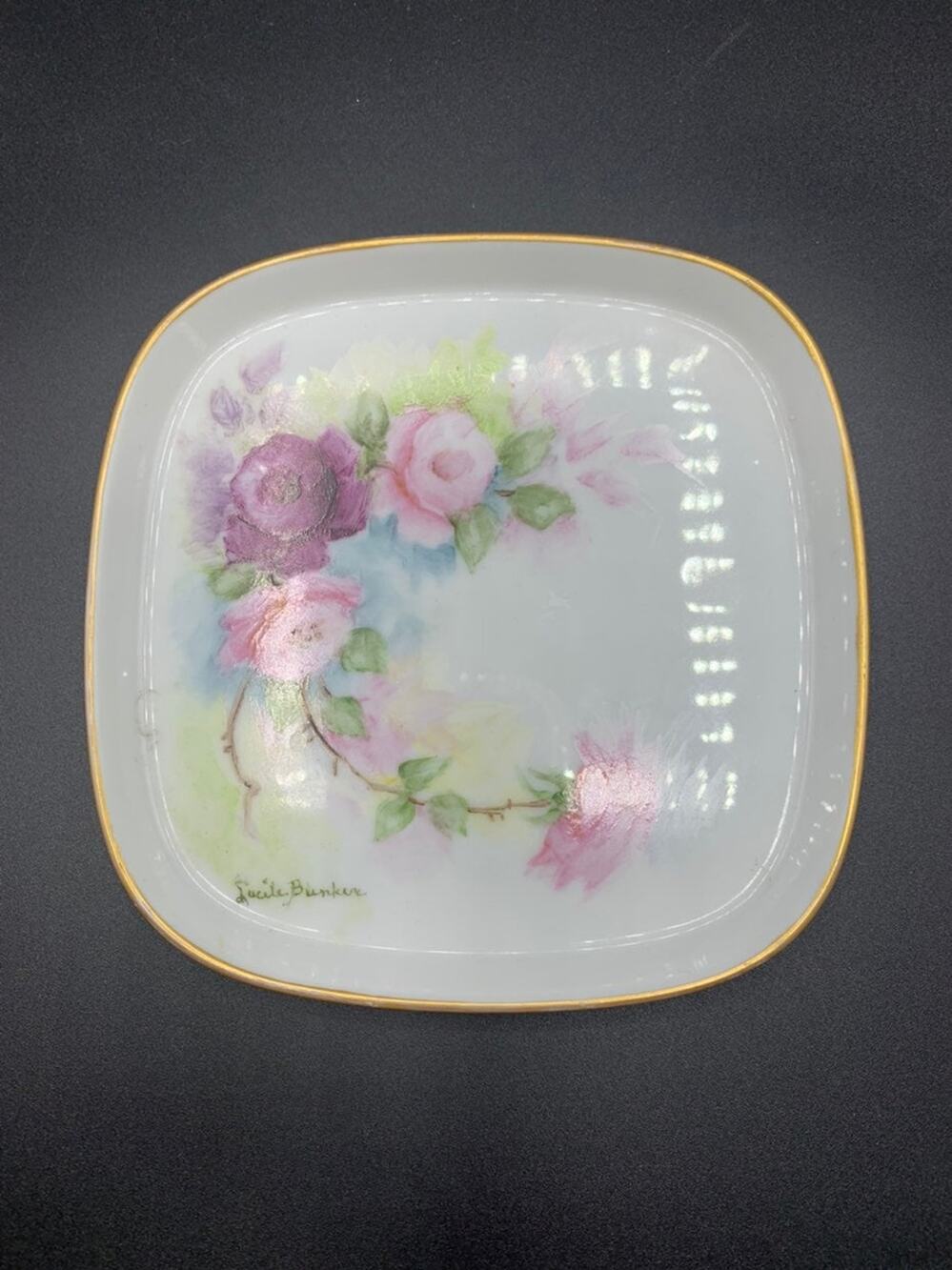 ✨ Vintage Hand-Painted Floral Porcelain Trinket Dish by Lucile Bunker ✨